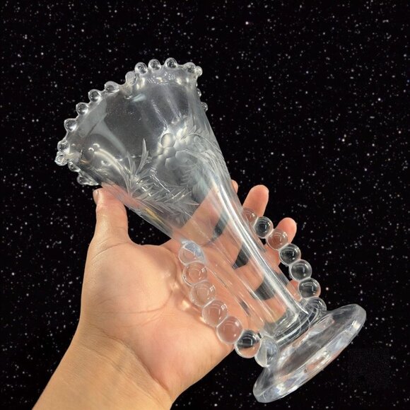 Imperial Candlewick Clear Flower Vase Ruffled Rim Etched Flowers Clear Vintage - Picture 7 of 12